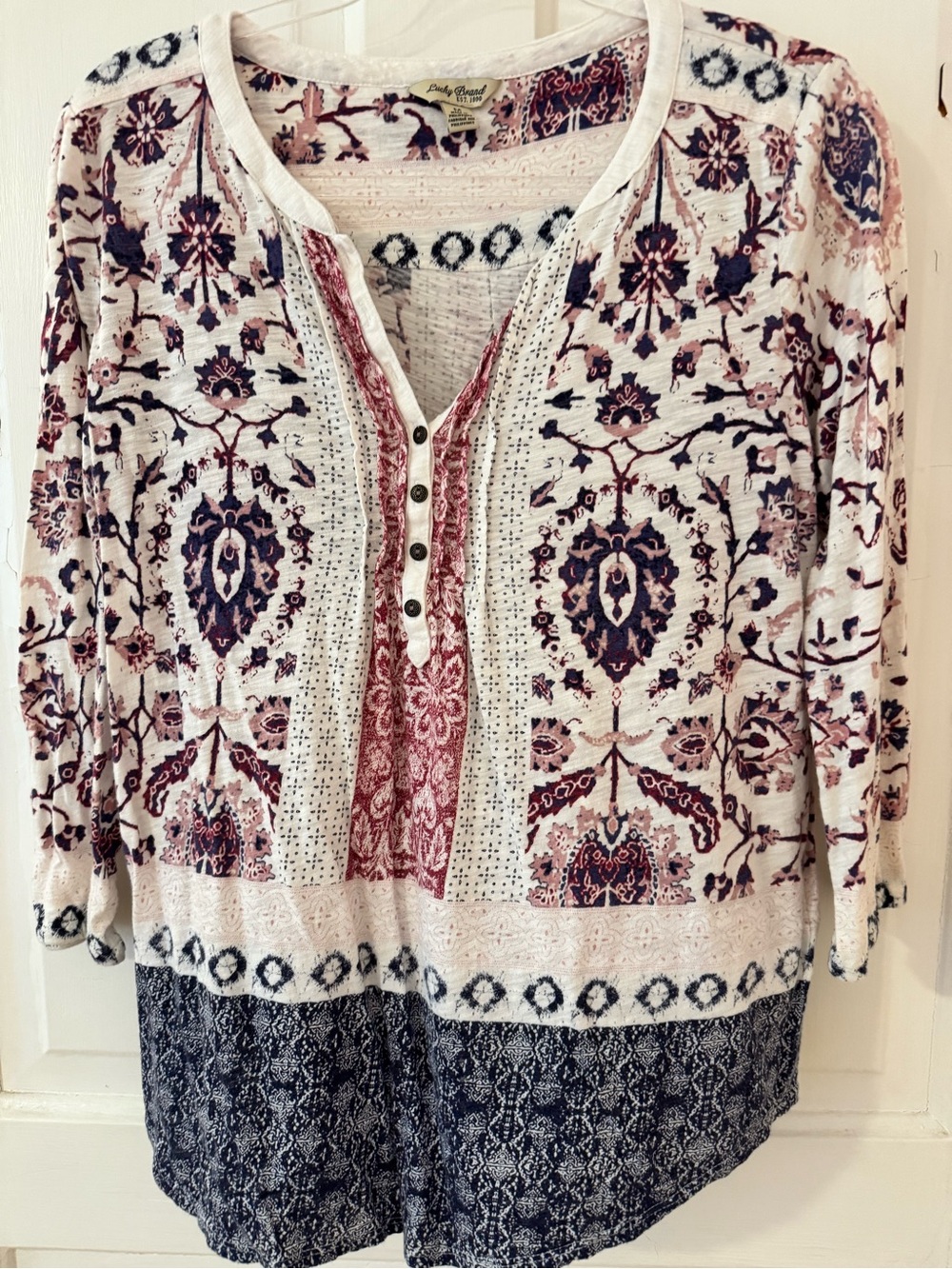 Lucky Brand Mixed Print Henley Tunic - Cream, Pink & Navy